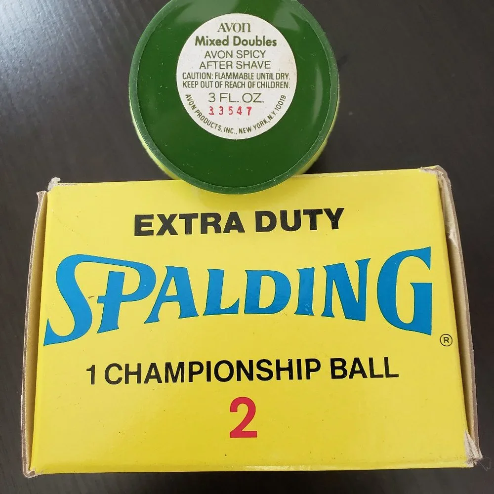 AVON 1970's Mixed Doubles Green Flocked Glass Spalding Tennis Ball EMPTY w Box